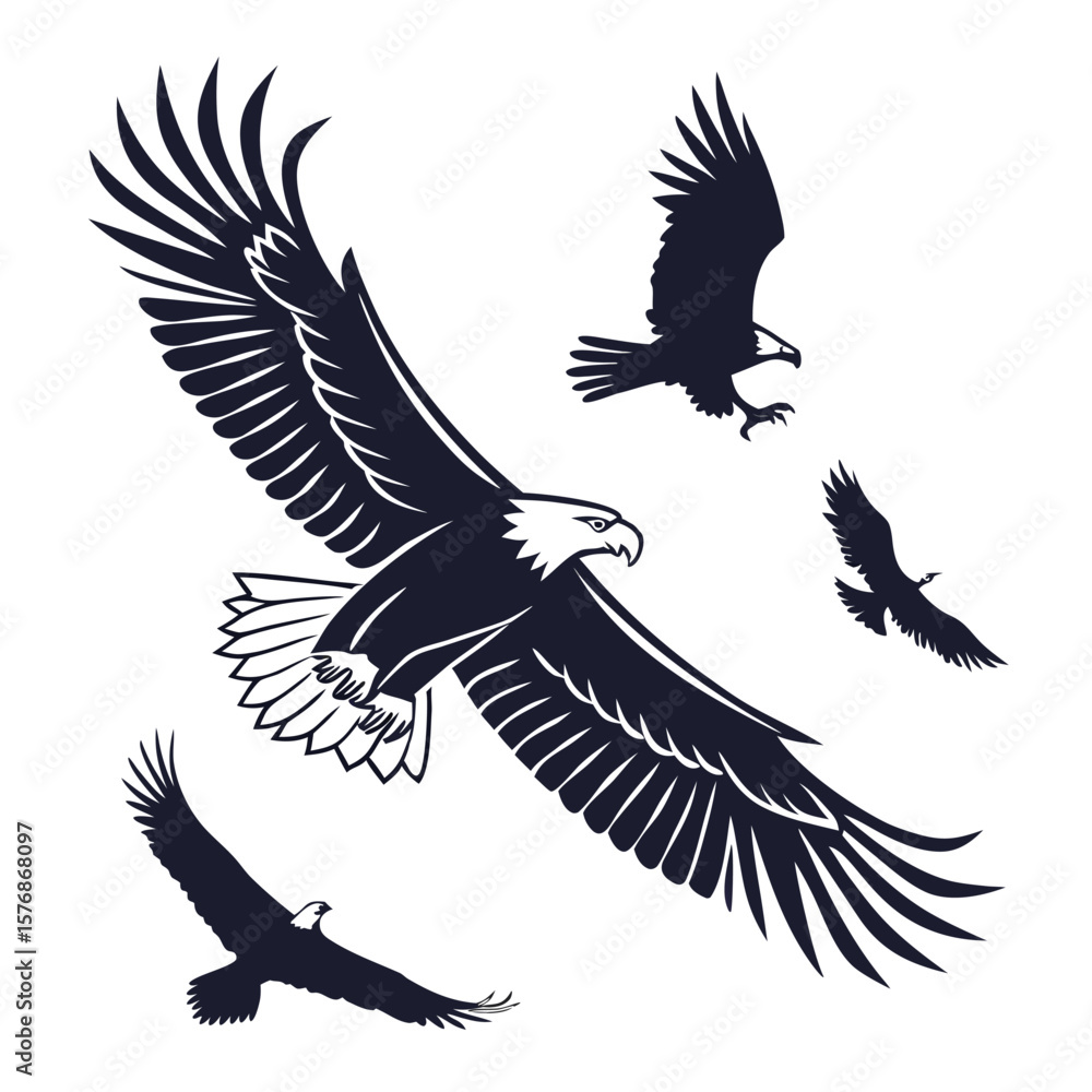Obraz premium Four Eagle Silhouettes Vector Set Dark Blue Flight Birds