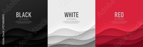 Set of black, white and red wavy curve stripes lines layers background in paper cut concept. Abstract banner design. Use for banner, cover, web, flyer, card, poster, wallpaper. Vector illustration.