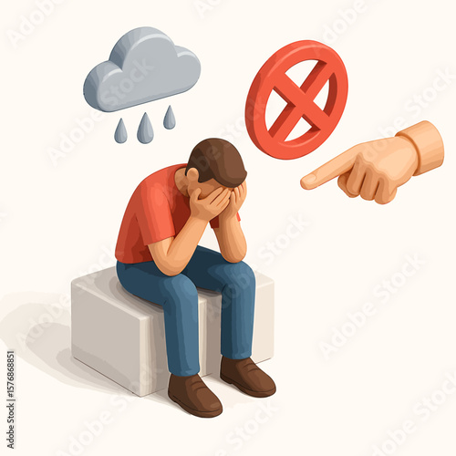 Crying man with forbidden sign. Concept of abuse, discouragement