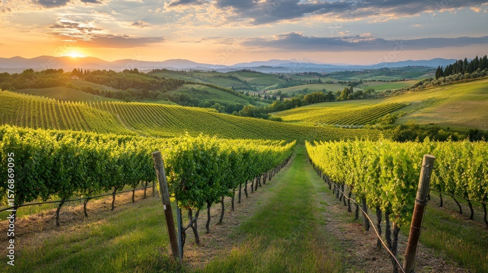 Naklejka premium Picturesque vineyard landscape at sunset