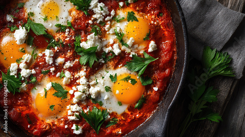 Delicious shakshuka with poached eggs in spicy tomato sauce, topped with feta cheese and fresh parsley in cast iron skillet