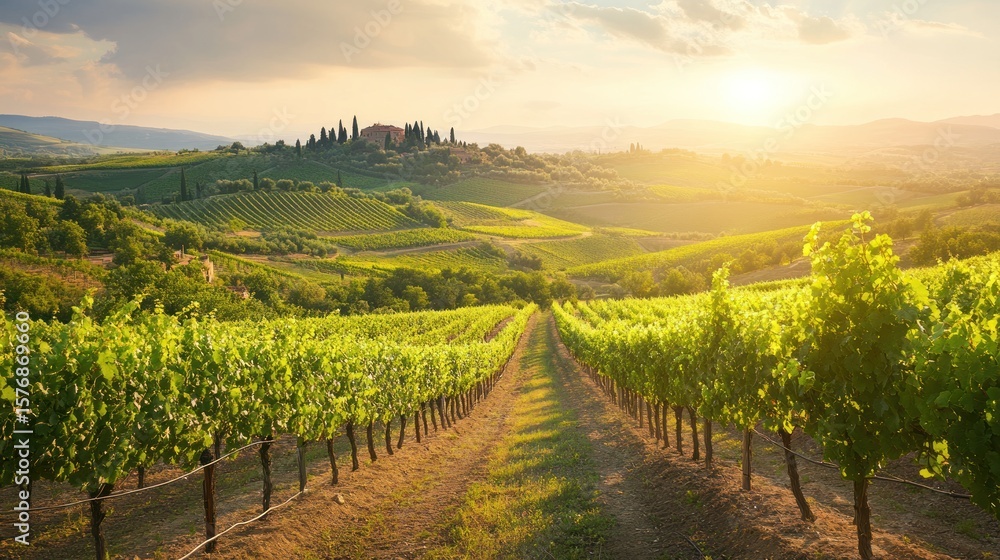 Obraz premium Tuscan vineyard landscape at sunset