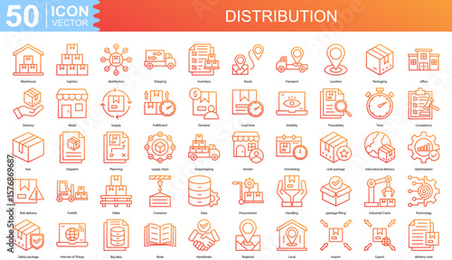 distribution icon collection set. Containing Warehouse, logistics, Shipping, Inventory, Route, Transport icon