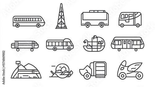 Transportation Icons Set: Bus, Train, Cable Car, and More