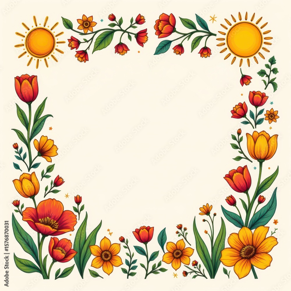 Fototapeta premium A colorful floral frame with tulips and the sun for a fun and friendly visual storytelling experience.