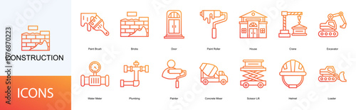 Construction icon collection set. Containing Paint Brush, Bricks, Door, Paint Roller, House, Crane, Excavator icon