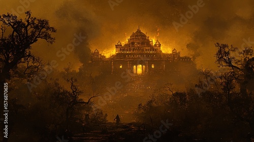 Burning temple at night