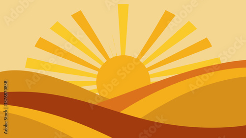 Orange vector sunset desert landscape with sunbeams over sand dunes