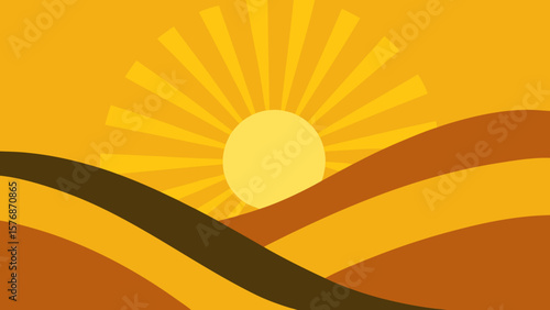 Vibrant abstract sun in an orange summer sky with glowing light over the ocean horizon at dawn