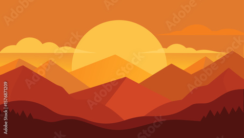Vibrant desert landscape illustration with mountains, a blazing orange sun, and a serene sky at sunset