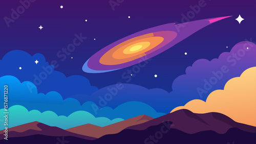A mysterious UFO glides through the dark night sky above a serene mountain landscape, illuminated by the distant stars and the glowing moon