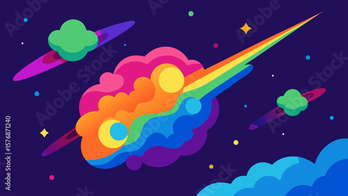 Colorful cartoon illustration of a space rocket in the night sky with stars and a blue moon