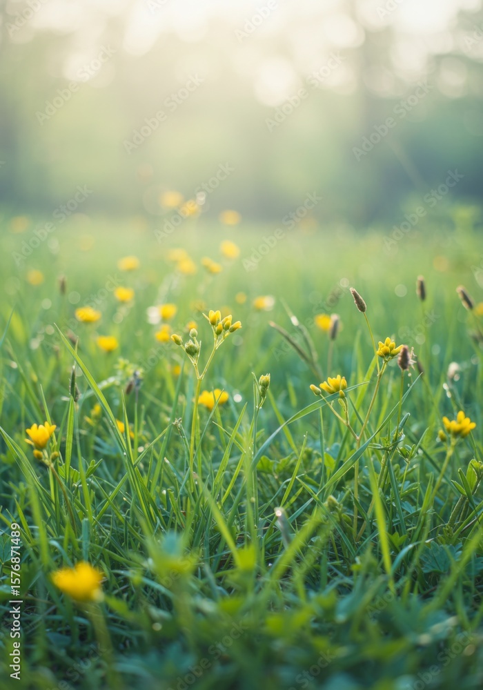 Obraz premium Yellow Flowers in a Dew-Covered Green Field at Sunrise
