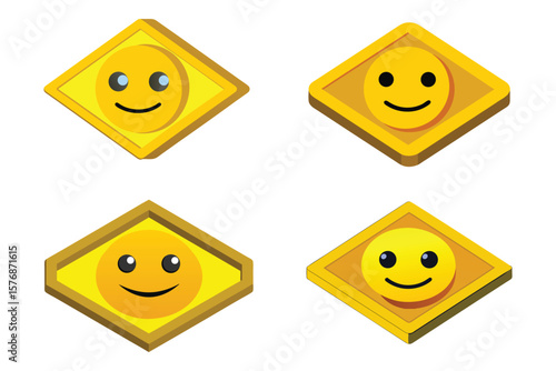 4s et 3D isometric smiley face emoji icon inside a diamond-shaped badge, bright yellow plastic material, glossy surface, cheerful expression eps