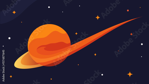 Cartoon illustration of a rocket launching towards the moon and stars in the night sky with a red background