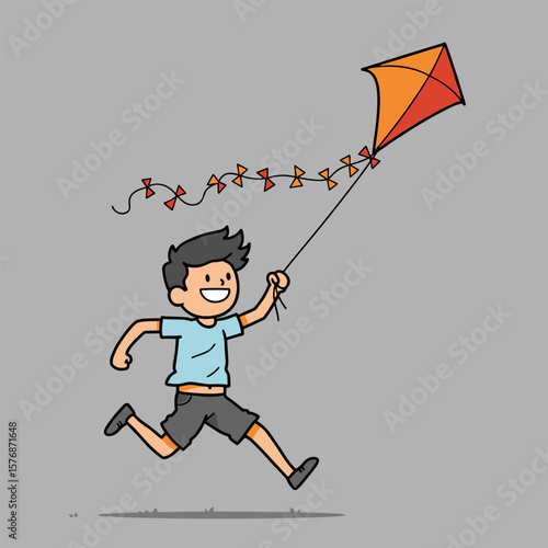 Cartoon child with short black hair runs joyfully while flying an orange and red kite with a string of triangle flags, wearing a light blue shirt and gray shorts on a gray background.