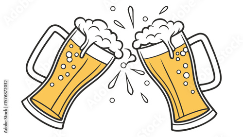 Two beer mugs toasting with frothy foam and bubbles in a celebratory cheers illustration style