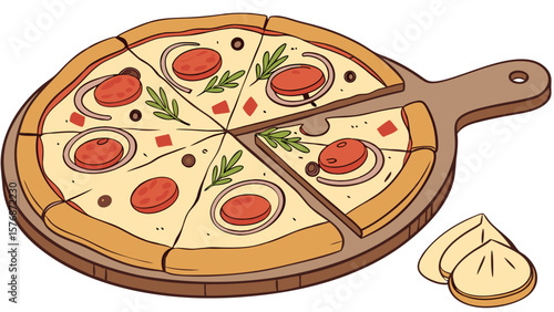 Delicious pizza with pepperoni onion and herbs on a wooden board with garlic cloves nearby art style