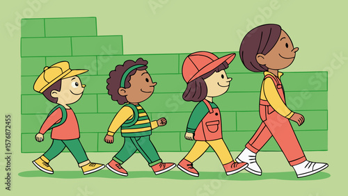 Handmade picture of kids silhouette cartons  walking, playing, dancing in happy mood sketch style artwork in a circle or straight line in green background vector illustration.
