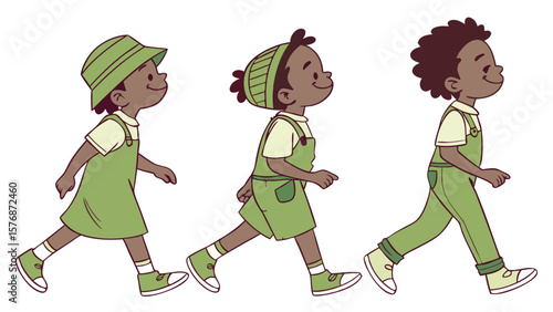 Handmade picture of kids silhouette cartons  walking, playing, dancing in happy mood sketch style artwork in a circle or straight line in white background vector illustration.
