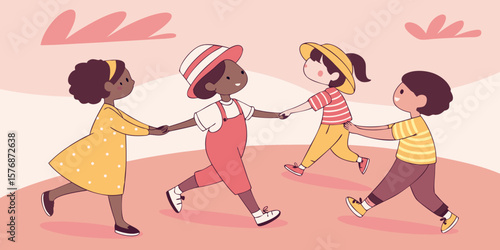 Handmade picture of kids silhouette cartons  walking, playing, dancing in happy mood sketch style artwork in a circle or straight line in pink white background vector illustration.
