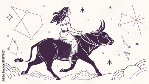 Cosmic Lord Shiva Depicting Hindu mythology with a woman riding a bull among starry constellations.