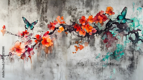 flowing watercolor scene a gust of wind pierces through an urban wall, its surface cracked with texture and shadow.