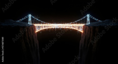 Digital Bridge Connecting Worlds: Futuristic Network & Data Flow Across a Chasm at Night