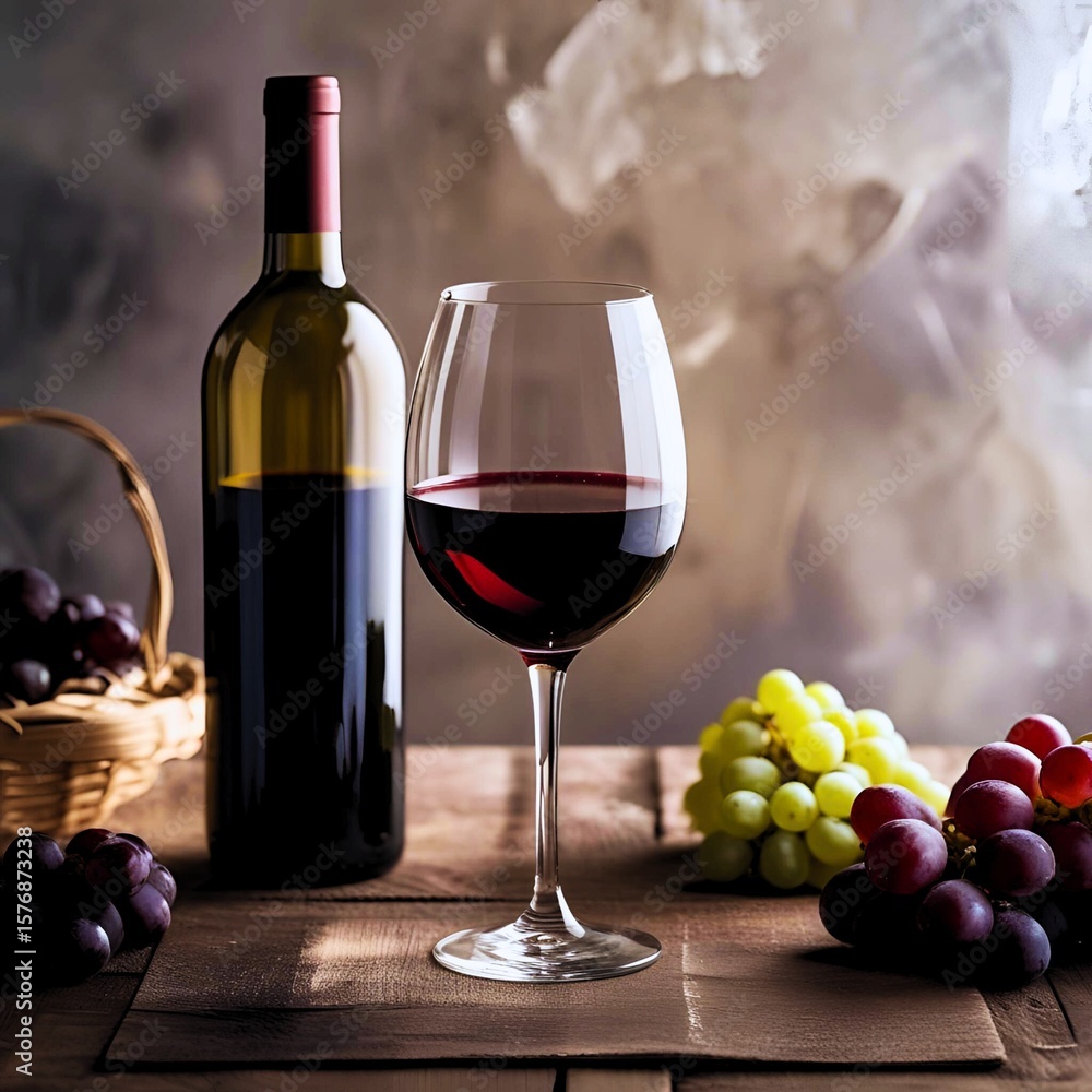 Fototapeta premium a bottle of red wine and a full wine glass on a wooden table. Next to it are clusters of green and red grapes, as well as a small cheese board that is either heating or steaming