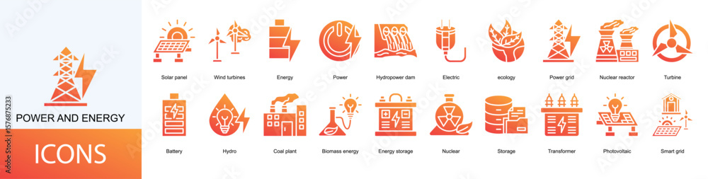 Obraz premium power and energy icon collection set. Containing Solar panel, Wind turbines, Energy, Power, Hydropower dam, Electric, ecology icon