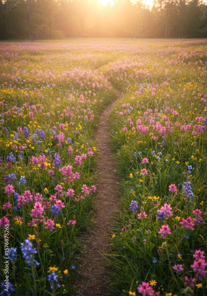 Naklejka premium Sunset Wildflower Meadow Path