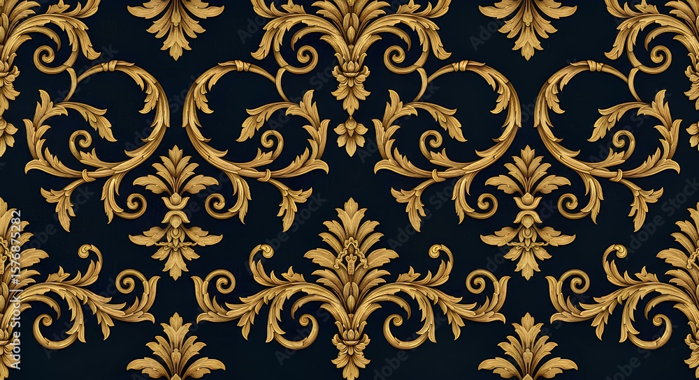 Baroque Luxe, Baroque damask carpet, golden scrolls, floral flourishes, navy blue velvet texture (Close-Up Detail) Baroque Luxe, Baroque damask carpet, golden scrolls, floral flourishes, navy blue velvet texture (Close-Up Detail)