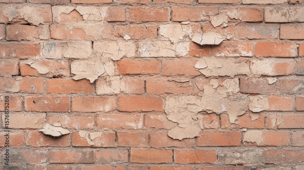 Obraz premium Weathered brick wall, peeling plaster, aged texture.