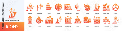 power and energy icon collection set. Containing Solar panel, Wind turbines, Energy, Power, Hydropower dam, Electric, ecology icon