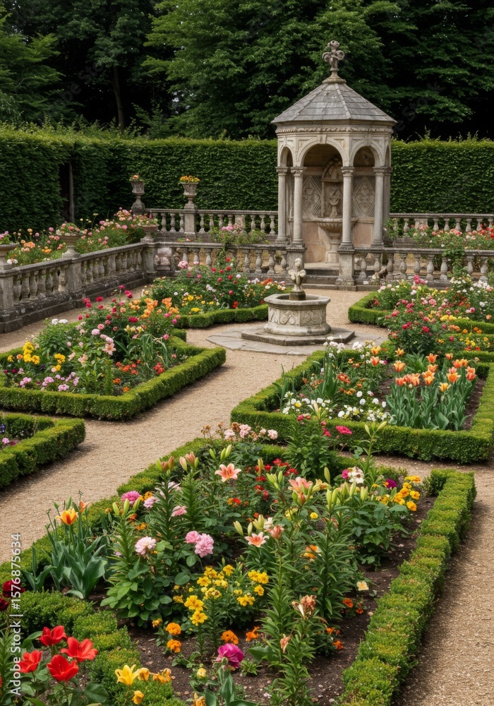 Naklejka premium Colorful Flower Garden with Stone Gazebo