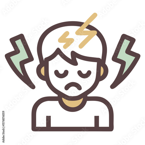 Conceptual illustration of stress featuring upset character with lightning bolts to represent stress. Stress depicted as tension with bold outline around person in agony, suggesting a problem.