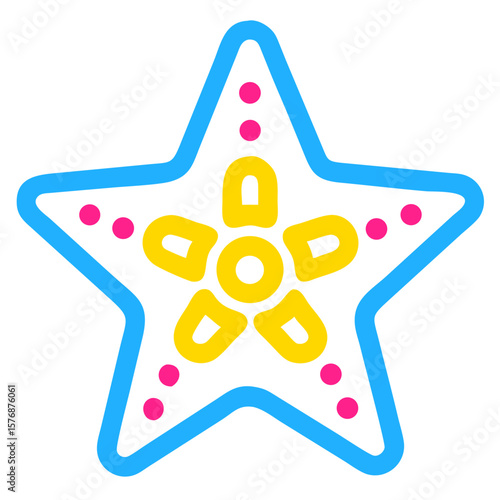 Starfish in blue outline, starfish with distinctive yellow and pink details, starfish evokes summer. Summer vibes emanating from this unique starfish, a symbol of ocean life,