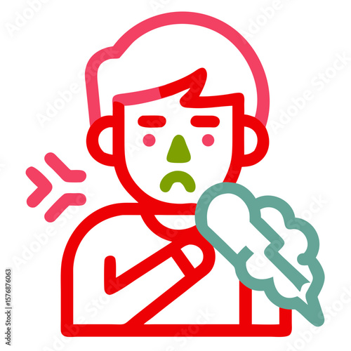Sick person icon displays symptoms, illness, and discomfort. Sick person icon illustrates disease like cold or flu with fever, runny nose, and cough.