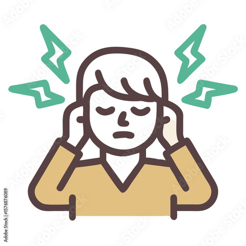 Tinnitus illustration shows discomfort from ringing in ears, with person holding hands over ears in simple line drawing. Tinnitus illustration highlights the discomfort, stress,