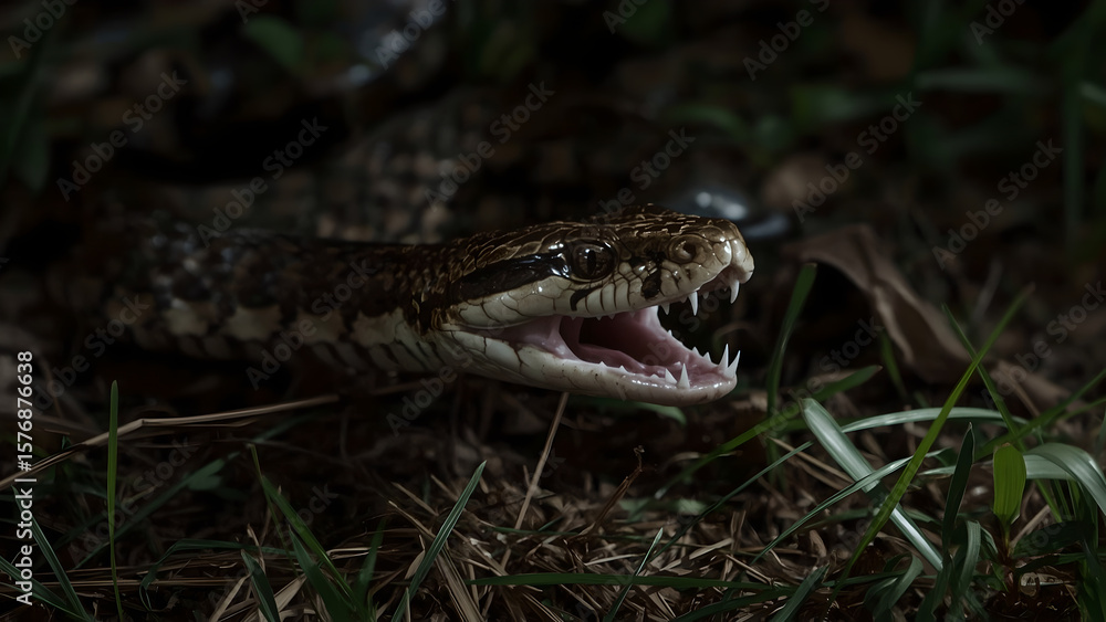 Obraz premium Dark Snake with Open Mouth in Low Light