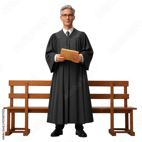 3D Character of a Senior Judge with Glasses Standing Confidently with a Law Book, AI Generated