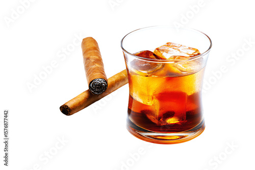 a glass of whiskey and a cigar on a white background