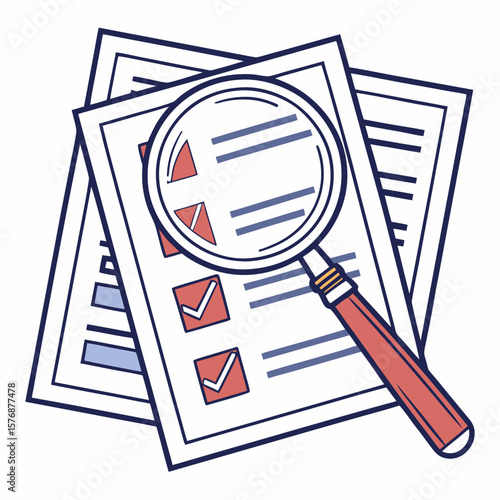 magnifying glass and document, Realistic search icon with magnifying glass overlapping a list or document, designed for web dashboard or app toolbar