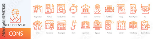 self service icon collection set. Containing Changing Room, Fuel Pump, Laundry Service, time, Library icon