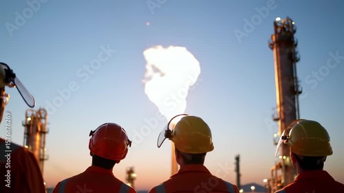 Workers observe flare at refinery at twilight