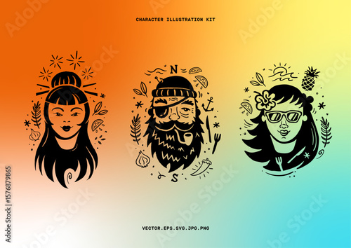 Character illustrations with flavour themed icons around them. Best suited for food related products, brands or as a logo.