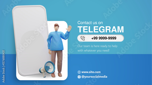Telegram Contact Banner with 3D Character and Smartphone