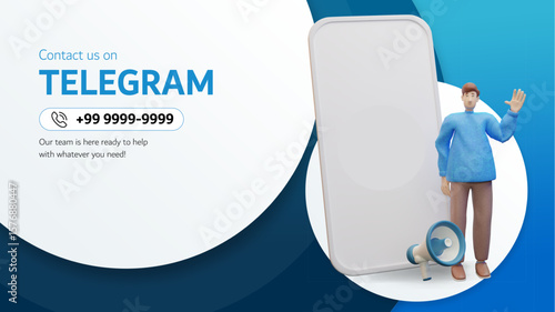 Telegram Contact Banner with 3D Character and Smartphone