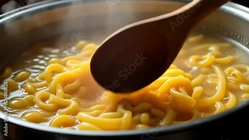 Fresh homemade pasta being cooked with a wooden spoon in a steel pot with steam, ready for a delicious meal