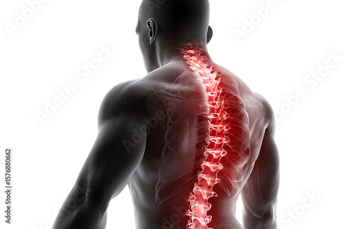 Human spine anatomy with highlighted pain area.